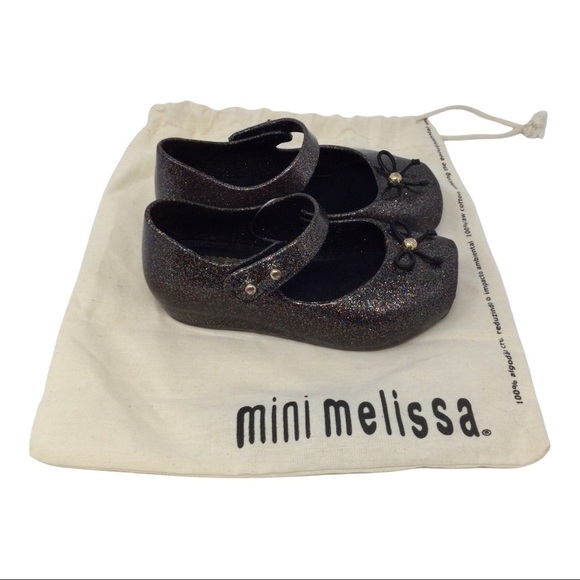 Mini Melissa Black Mary Jane Ballet Flats Glitter Shoes - Picture 3 of 7